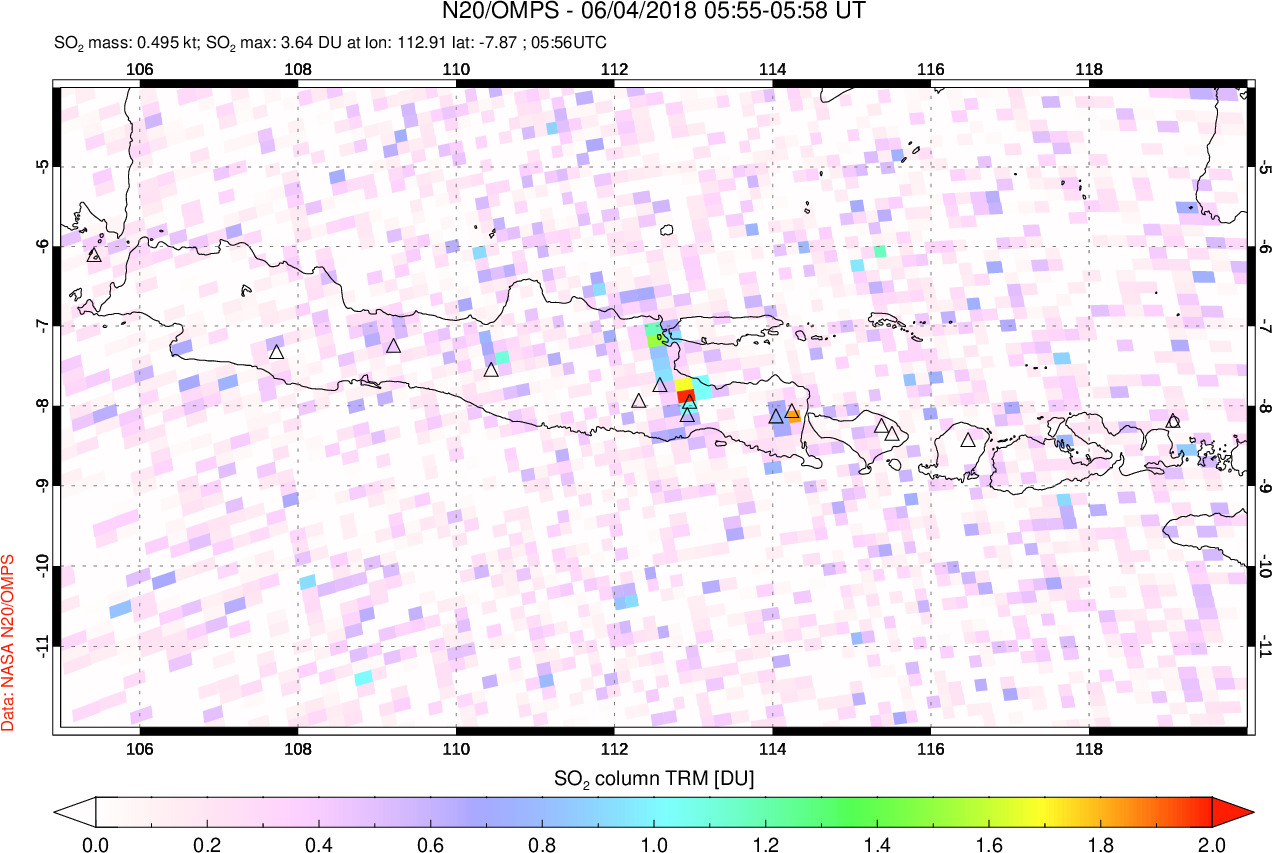 A sulfur dioxide image over Java, Indonesia on Jun 04, 2018.