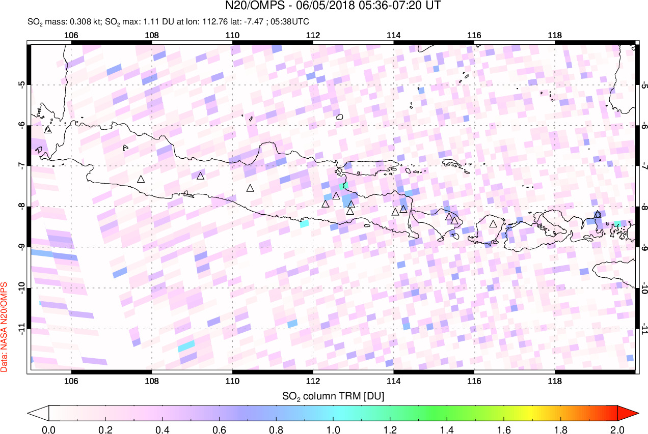 A sulfur dioxide image over Java, Indonesia on Jun 05, 2018.