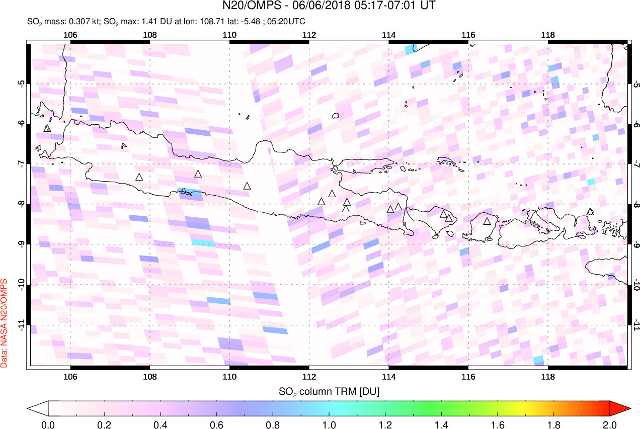 A sulfur dioxide image over Java, Indonesia on Jun 06, 2018.