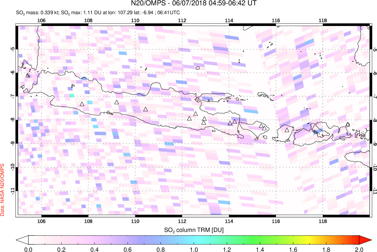 A sulfur dioxide image over Java, Indonesia on Jun 07, 2018.