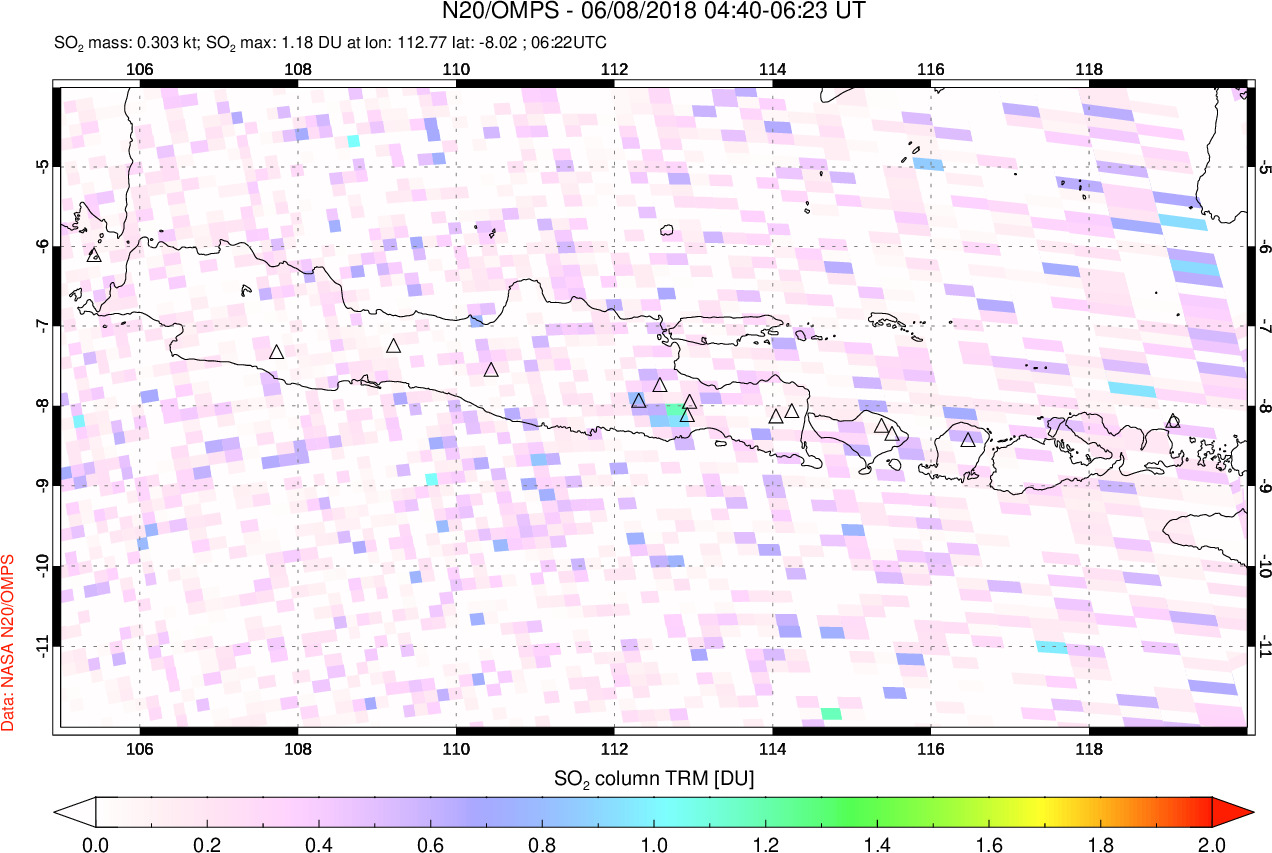 A sulfur dioxide image over Java, Indonesia on Jun 08, 2018.