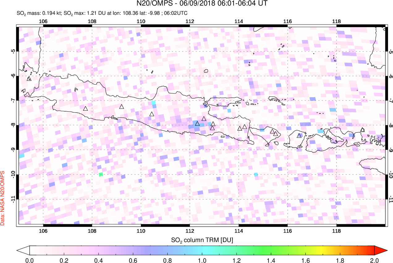 A sulfur dioxide image over Java, Indonesia on Jun 09, 2018.