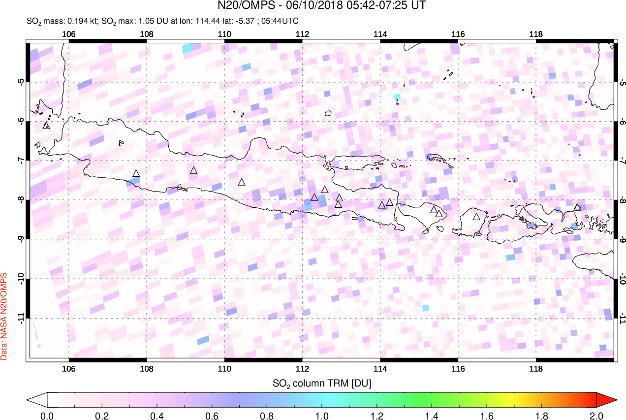 A sulfur dioxide image over Java, Indonesia on Jun 10, 2018.