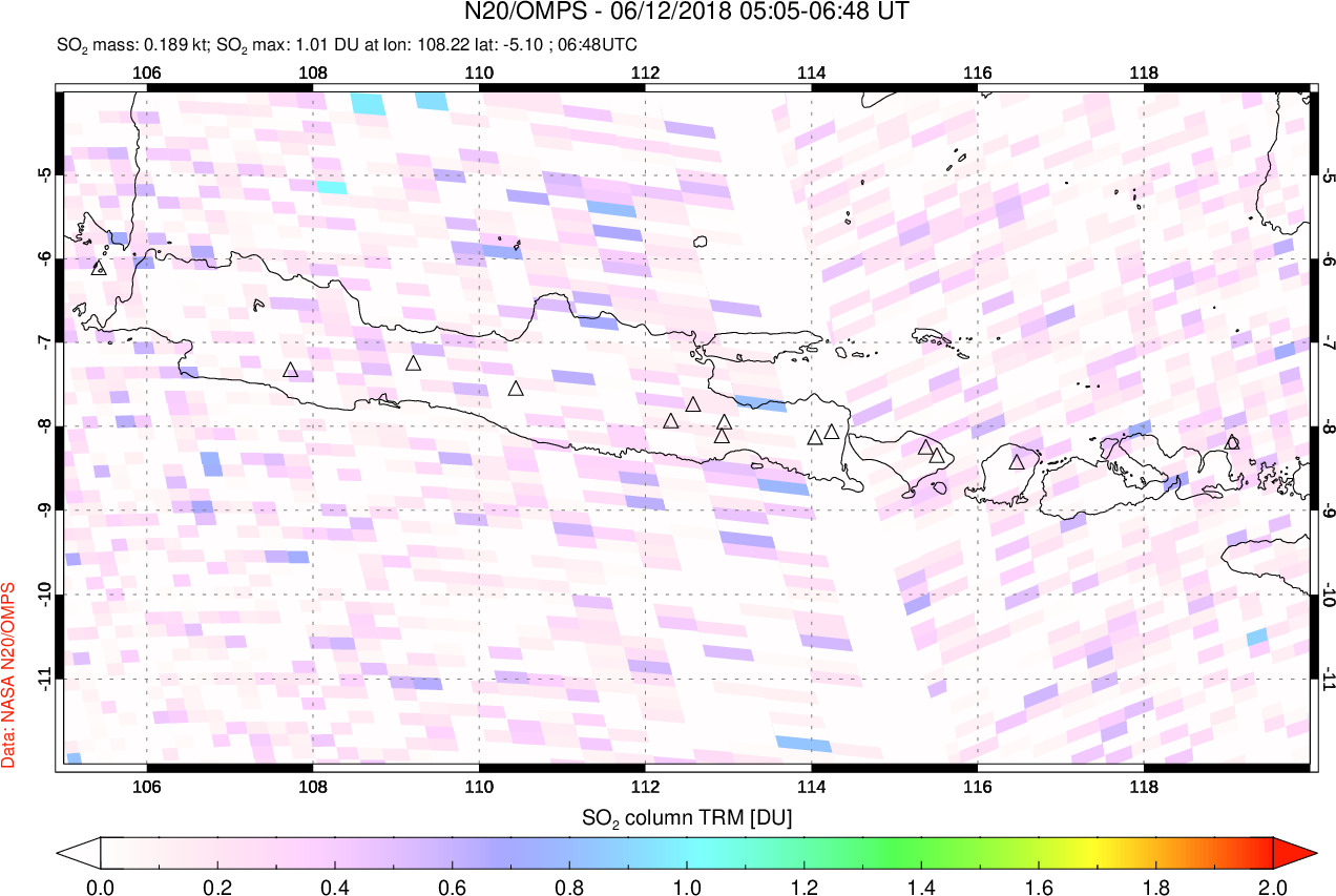 A sulfur dioxide image over Java, Indonesia on Jun 12, 2018.