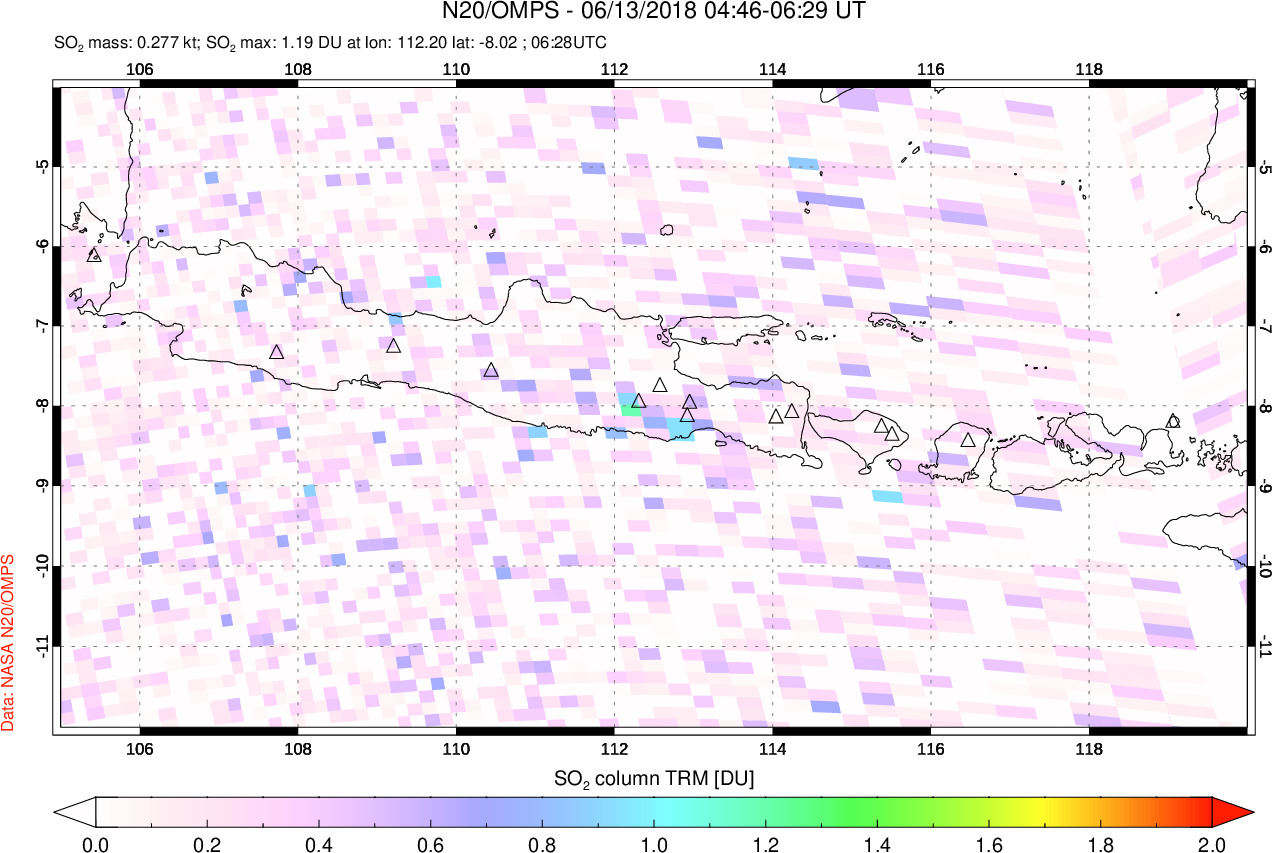 A sulfur dioxide image over Java, Indonesia on Jun 13, 2018.