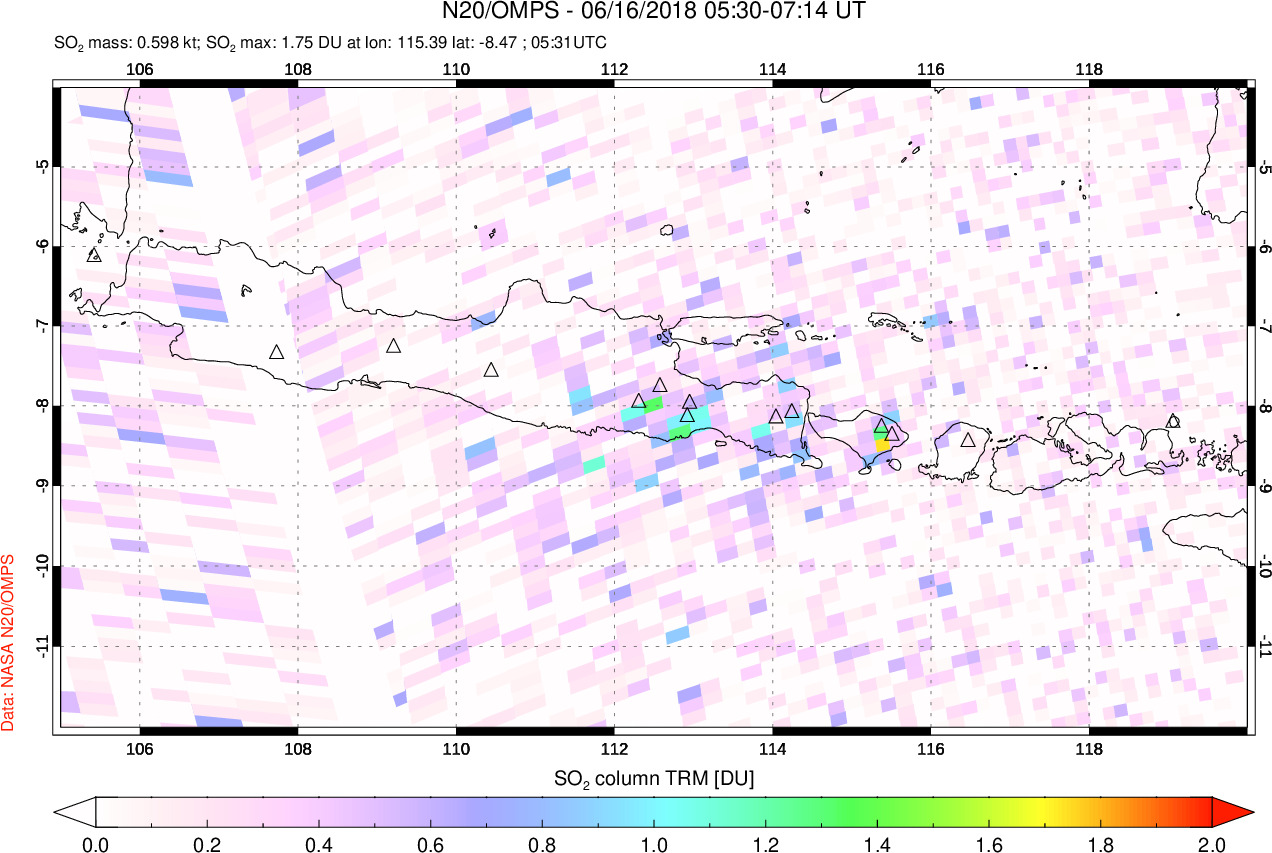 A sulfur dioxide image over Java, Indonesia on Jun 16, 2018.