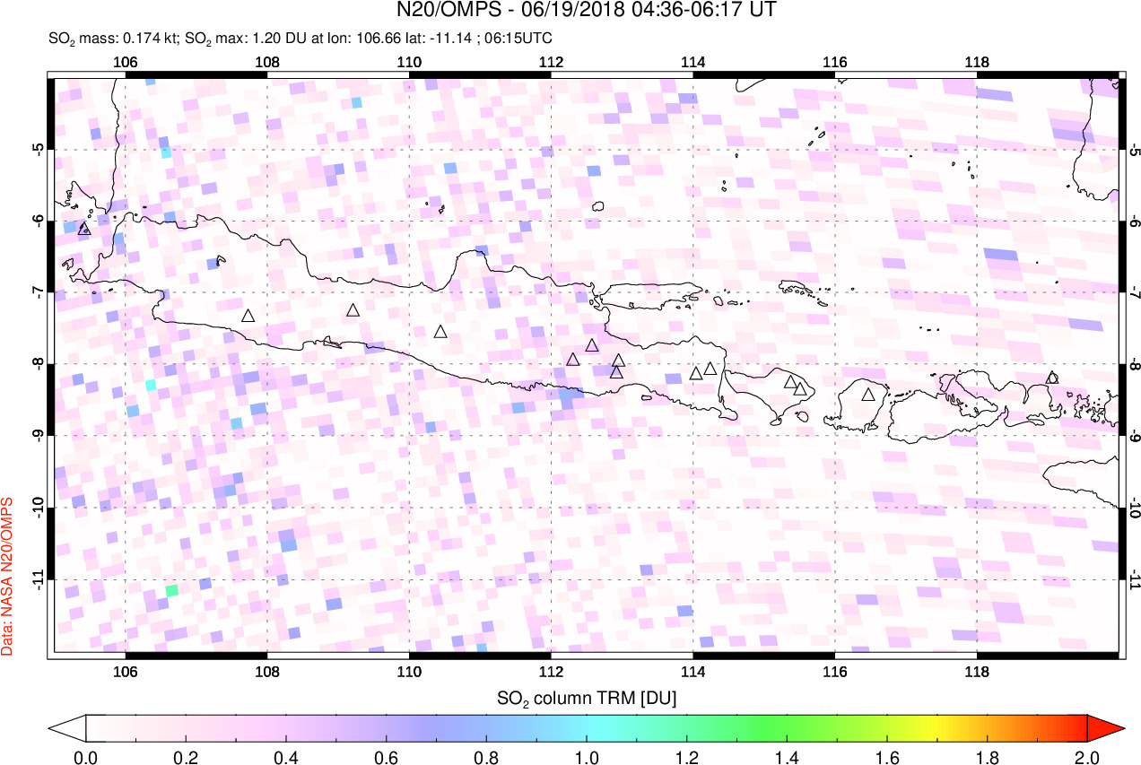 A sulfur dioxide image over Java, Indonesia on Jun 19, 2018.