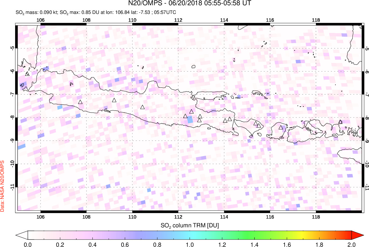 A sulfur dioxide image over Java, Indonesia on Jun 20, 2018.
