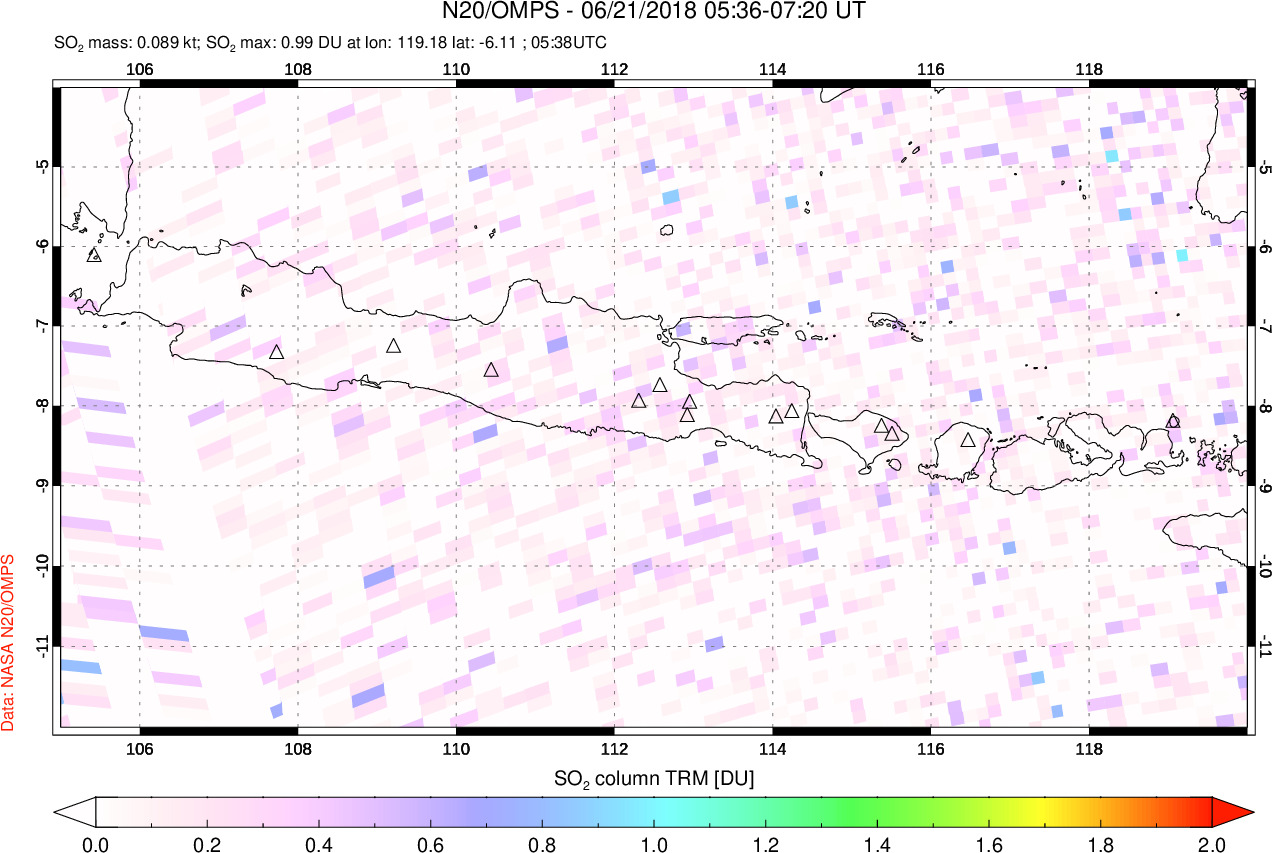 A sulfur dioxide image over Java, Indonesia on Jun 21, 2018.