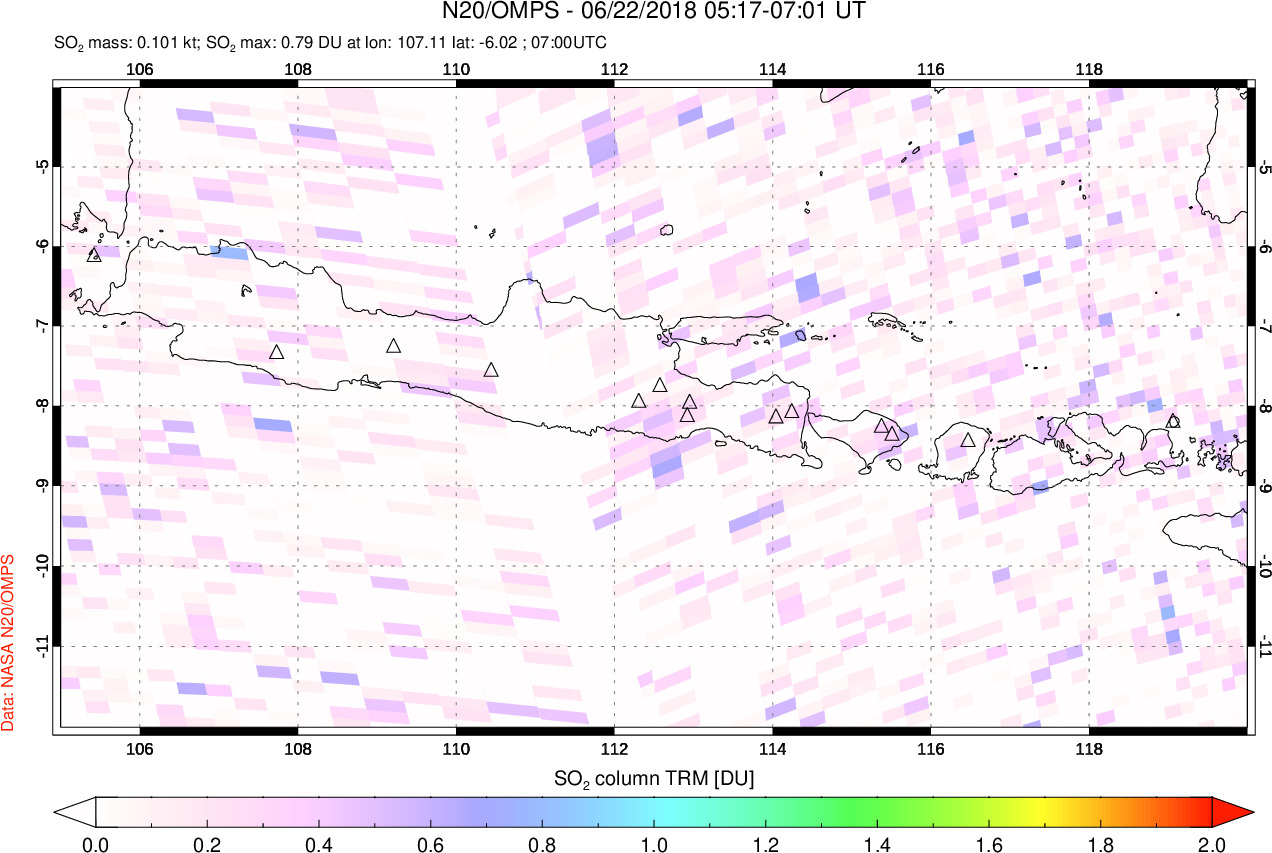 A sulfur dioxide image over Java, Indonesia on Jun 22, 2018.