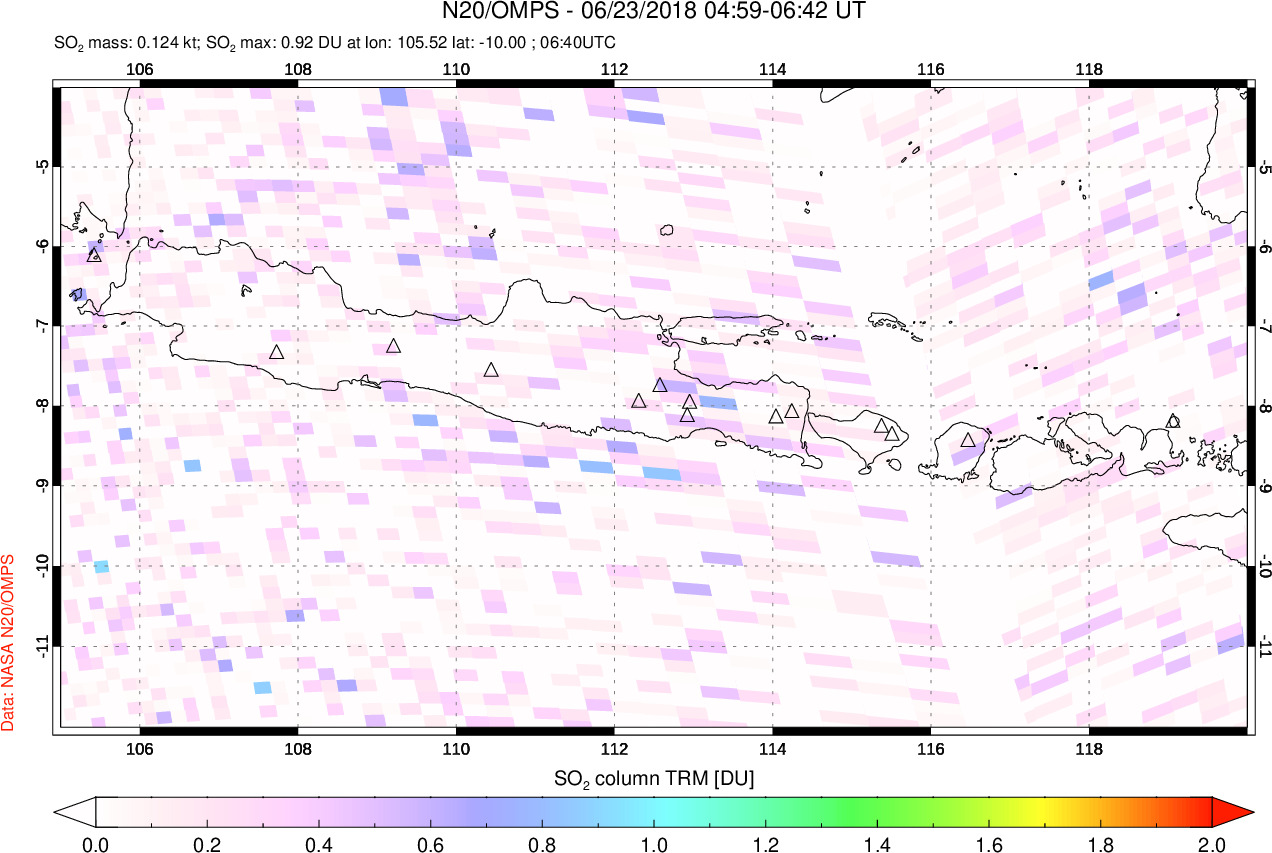 A sulfur dioxide image over Java, Indonesia on Jun 23, 2018.