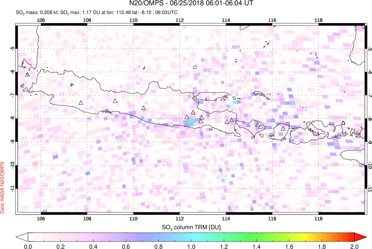 A sulfur dioxide image over Java, Indonesia on Jun 25, 2018.
