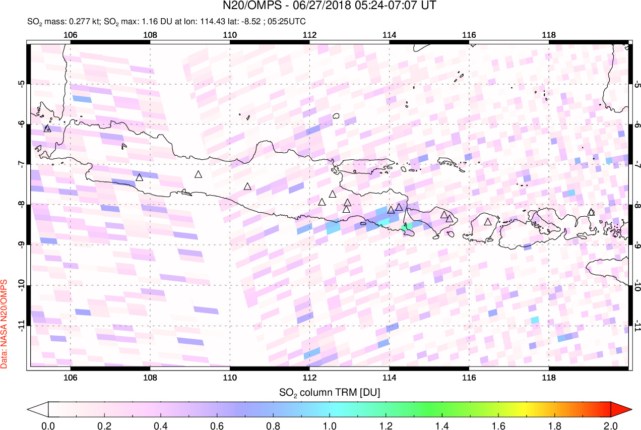 A sulfur dioxide image over Java, Indonesia on Jun 27, 2018.