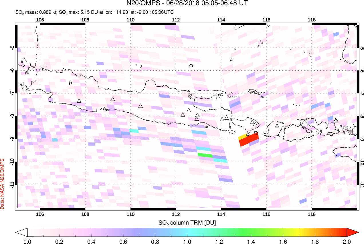 A sulfur dioxide image over Java, Indonesia on Jun 28, 2018.