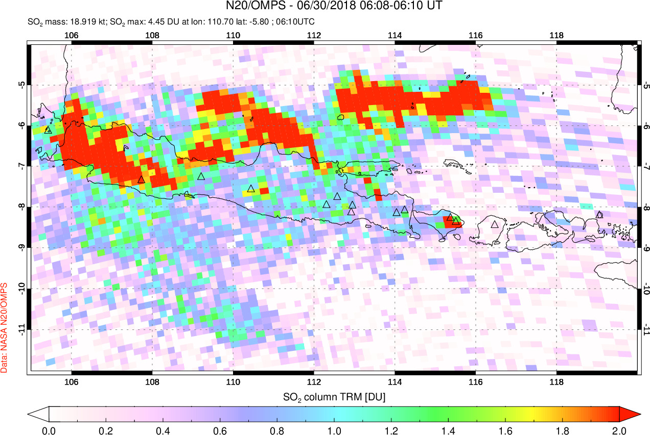 A sulfur dioxide image over Java, Indonesia on Jun 30, 2018.