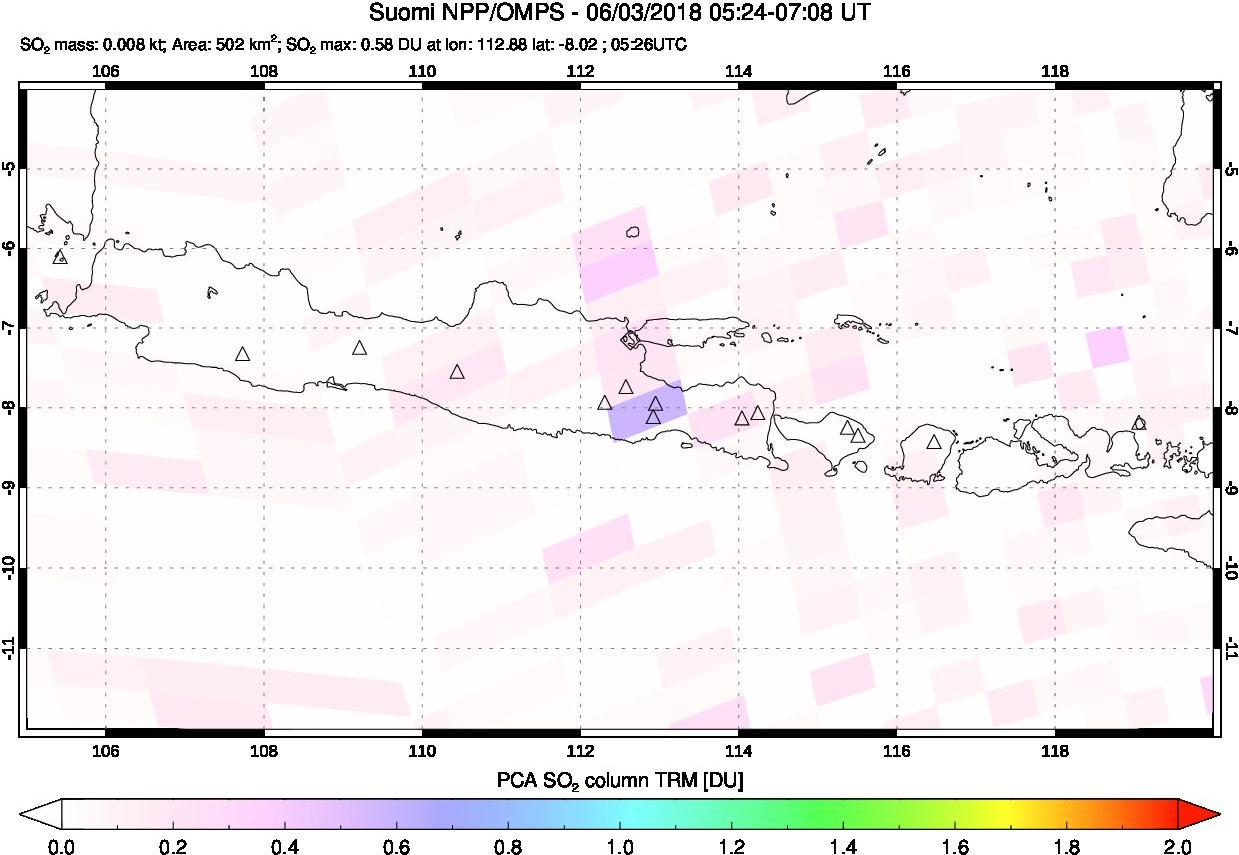 A sulfur dioxide image over Java, Indonesia on Jun 03, 2018.
