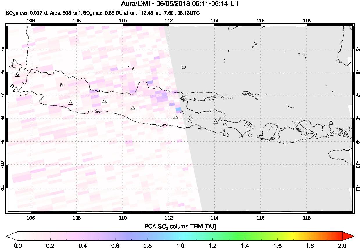 A sulfur dioxide image over Java, Indonesia on Jun 05, 2018.
