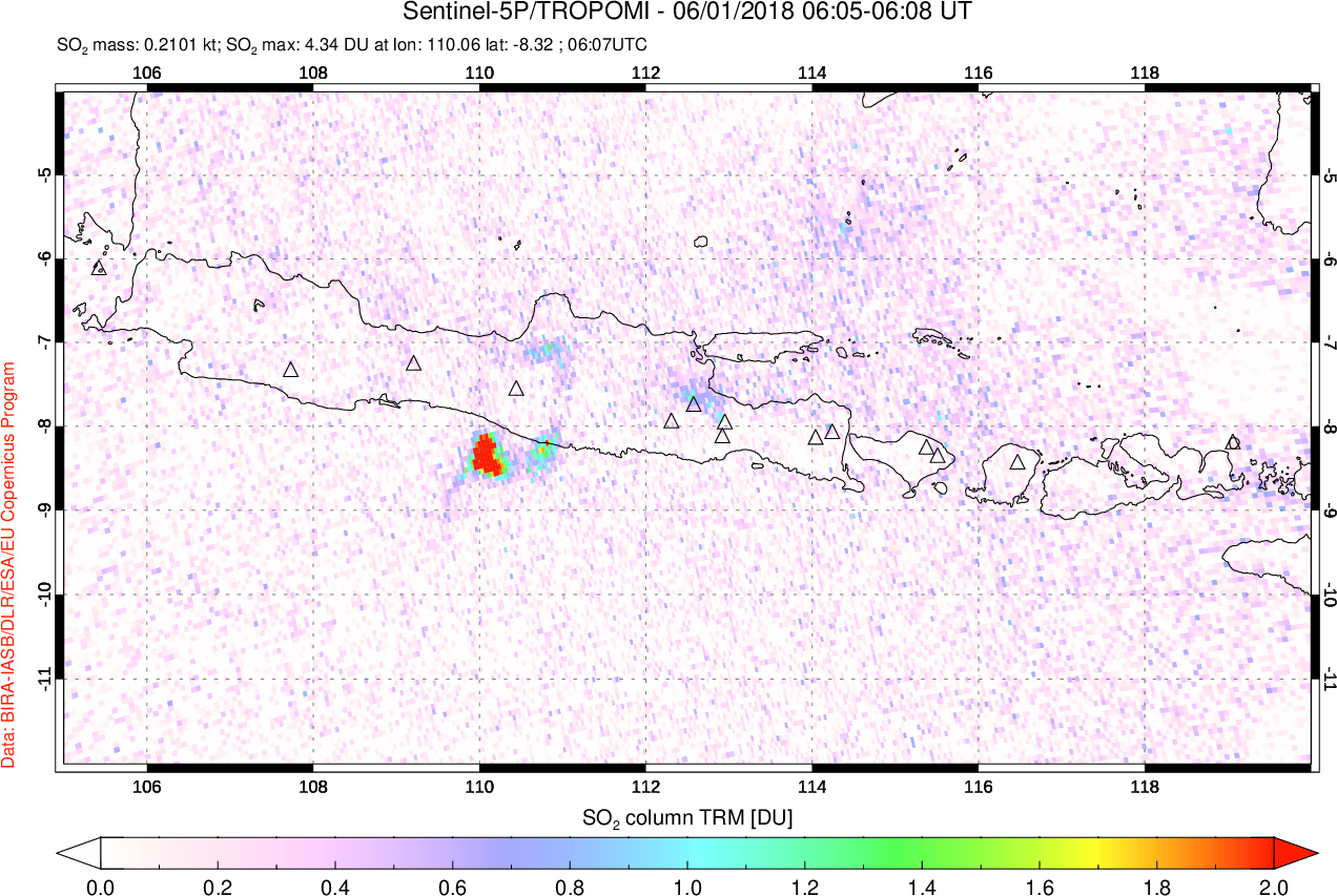 A sulfur dioxide image over Java, Indonesia on Jun 01, 2018.