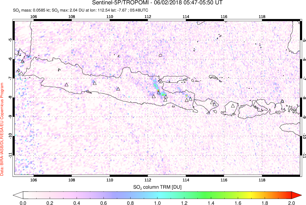 A sulfur dioxide image over Java, Indonesia on Jun 02, 2018.
