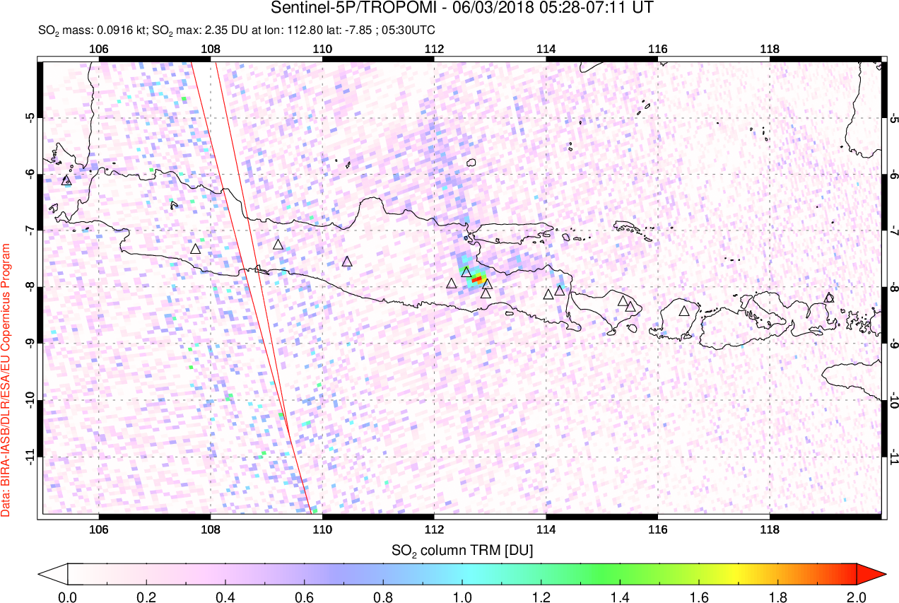 A sulfur dioxide image over Java, Indonesia on Jun 03, 2018.