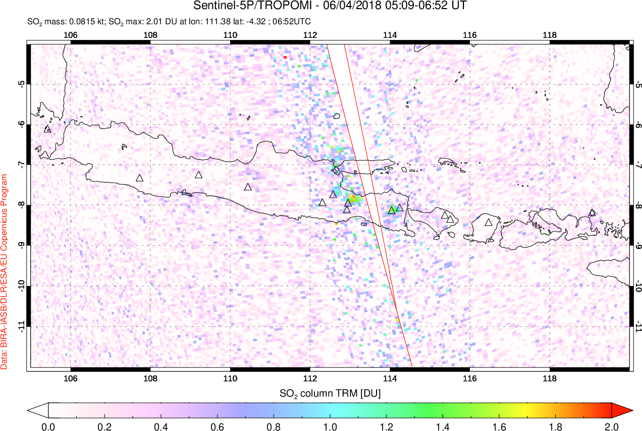 A sulfur dioxide image over Java, Indonesia on Jun 04, 2018.