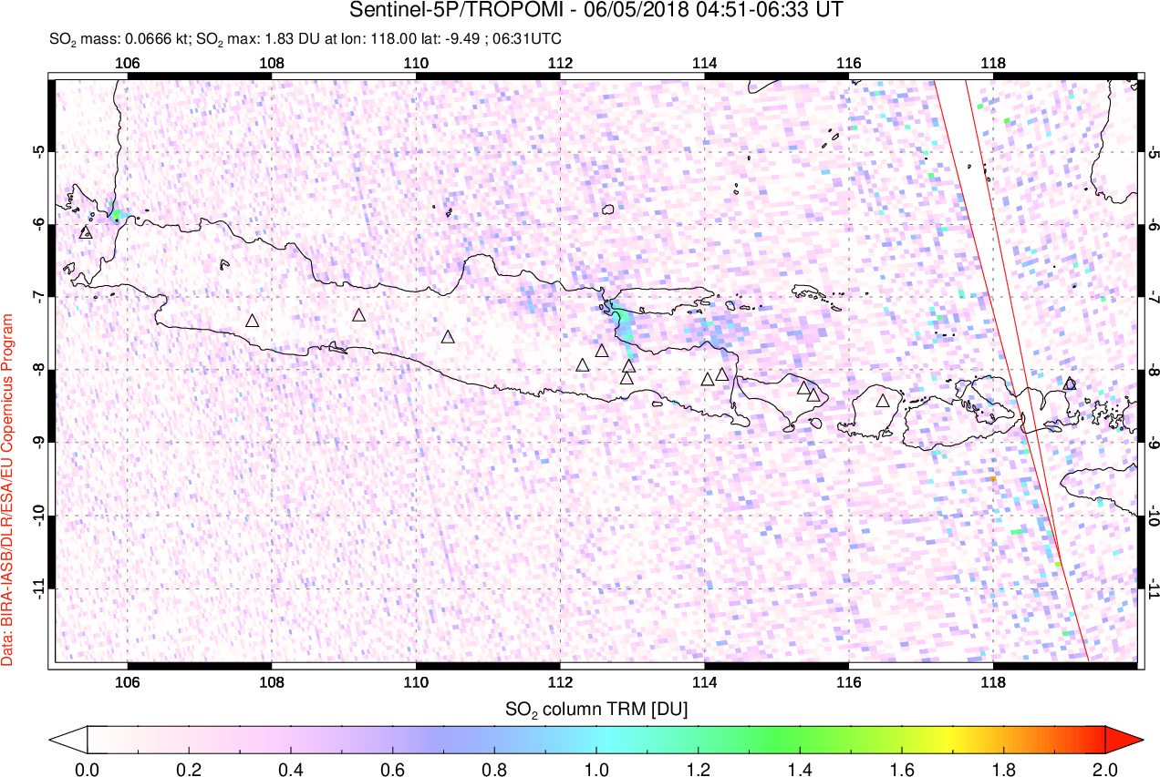 A sulfur dioxide image over Java, Indonesia on Jun 05, 2018.