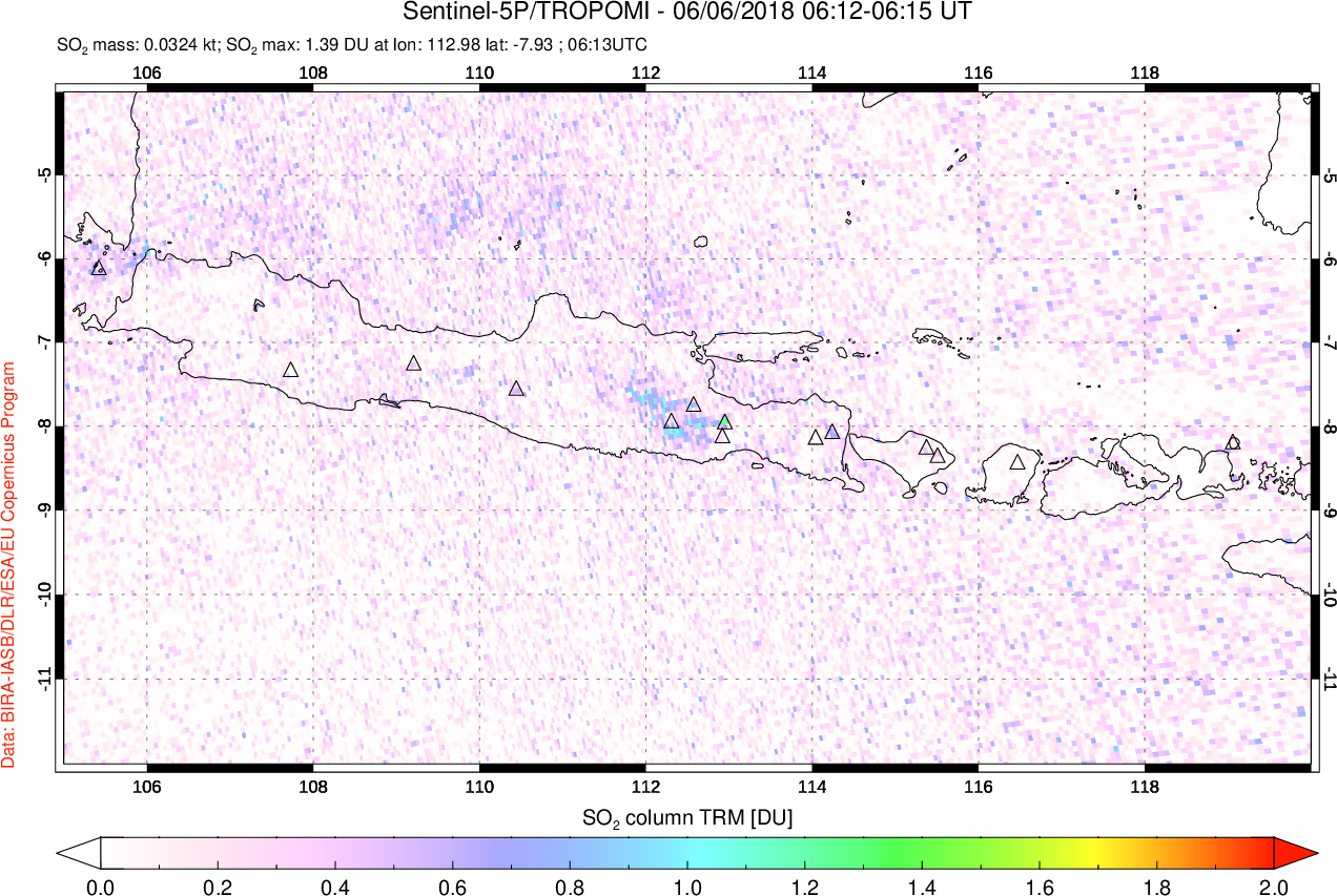 A sulfur dioxide image over Java, Indonesia on Jun 06, 2018.
