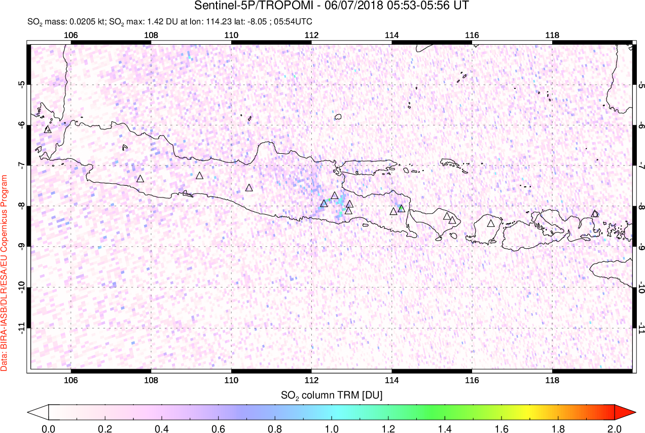 A sulfur dioxide image over Java, Indonesia on Jun 07, 2018.