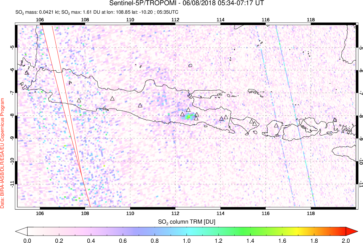 A sulfur dioxide image over Java, Indonesia on Jun 08, 2018.
