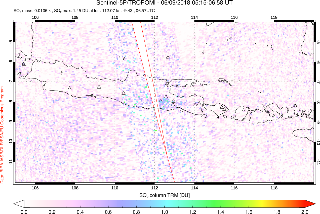 A sulfur dioxide image over Java, Indonesia on Jun 09, 2018.