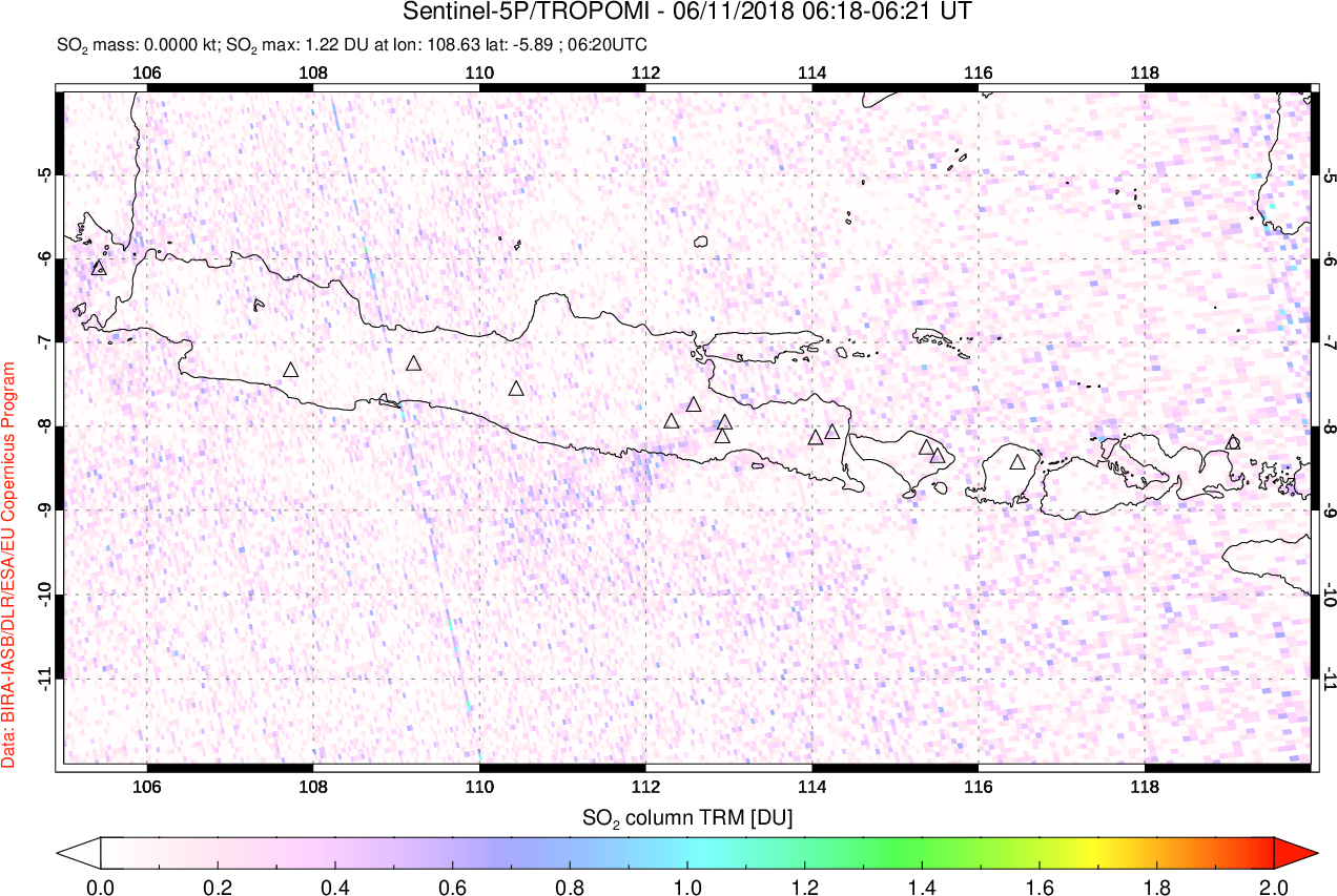 A sulfur dioxide image over Java, Indonesia on Jun 11, 2018.