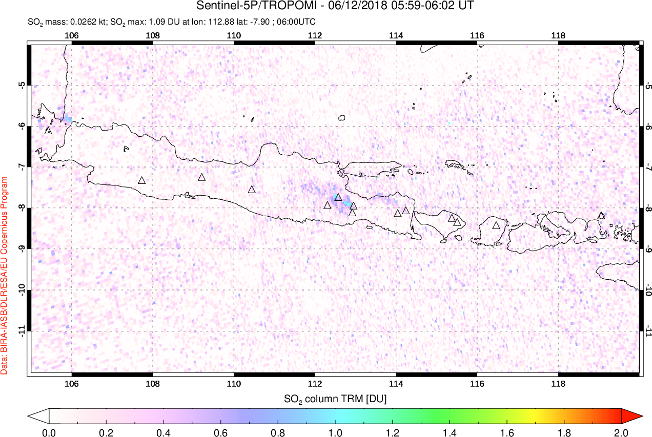 A sulfur dioxide image over Java, Indonesia on Jun 12, 2018.