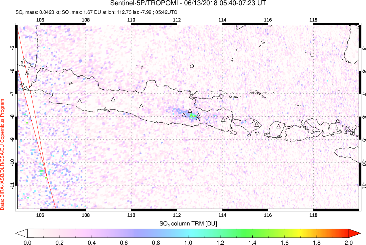 A sulfur dioxide image over Java, Indonesia on Jun 13, 2018.