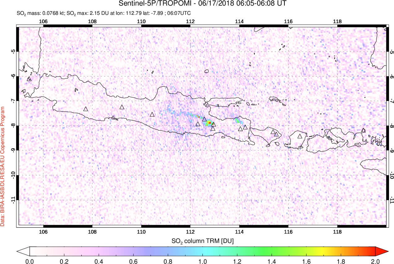A sulfur dioxide image over Java, Indonesia on Jun 17, 2018.
