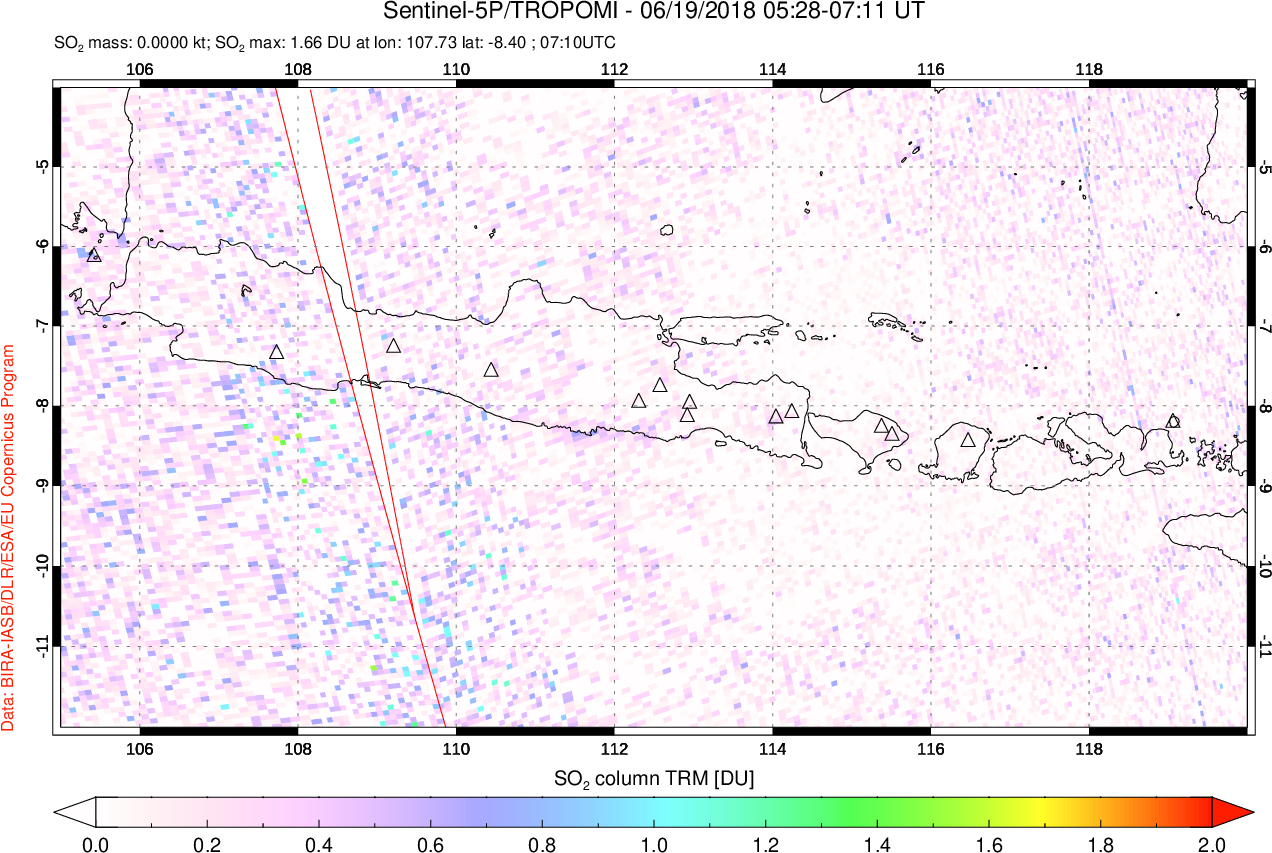 A sulfur dioxide image over Java, Indonesia on Jun 19, 2018.