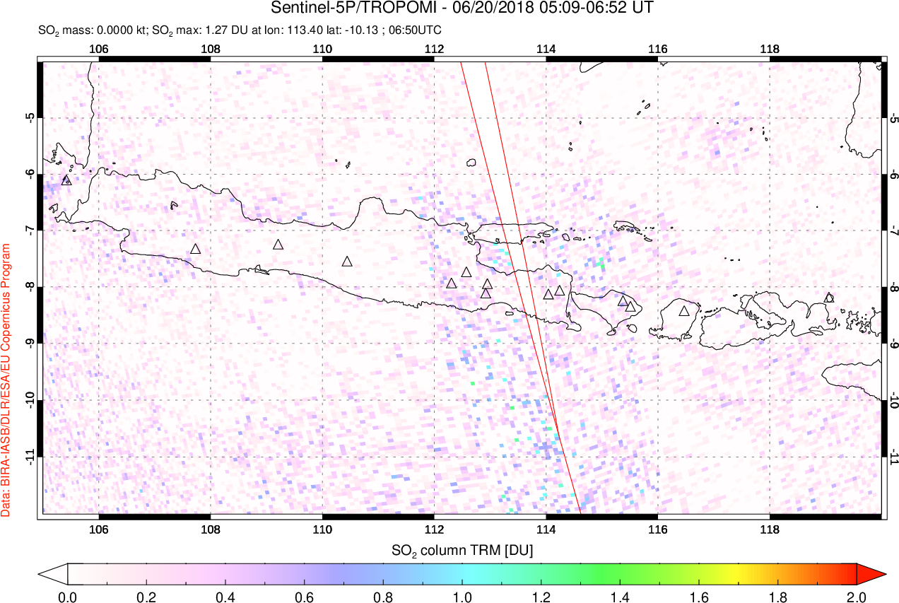 A sulfur dioxide image over Java, Indonesia on Jun 20, 2018.