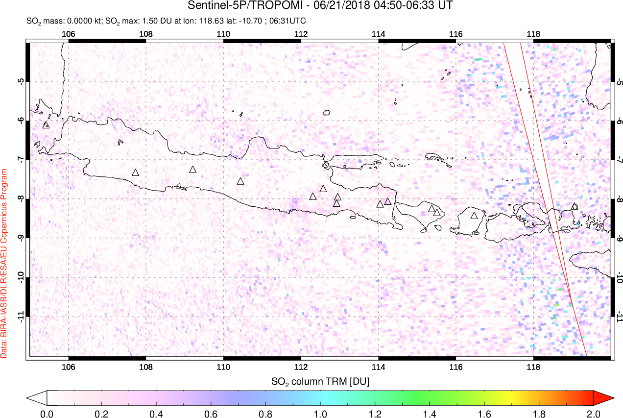 A sulfur dioxide image over Java, Indonesia on Jun 21, 2018.