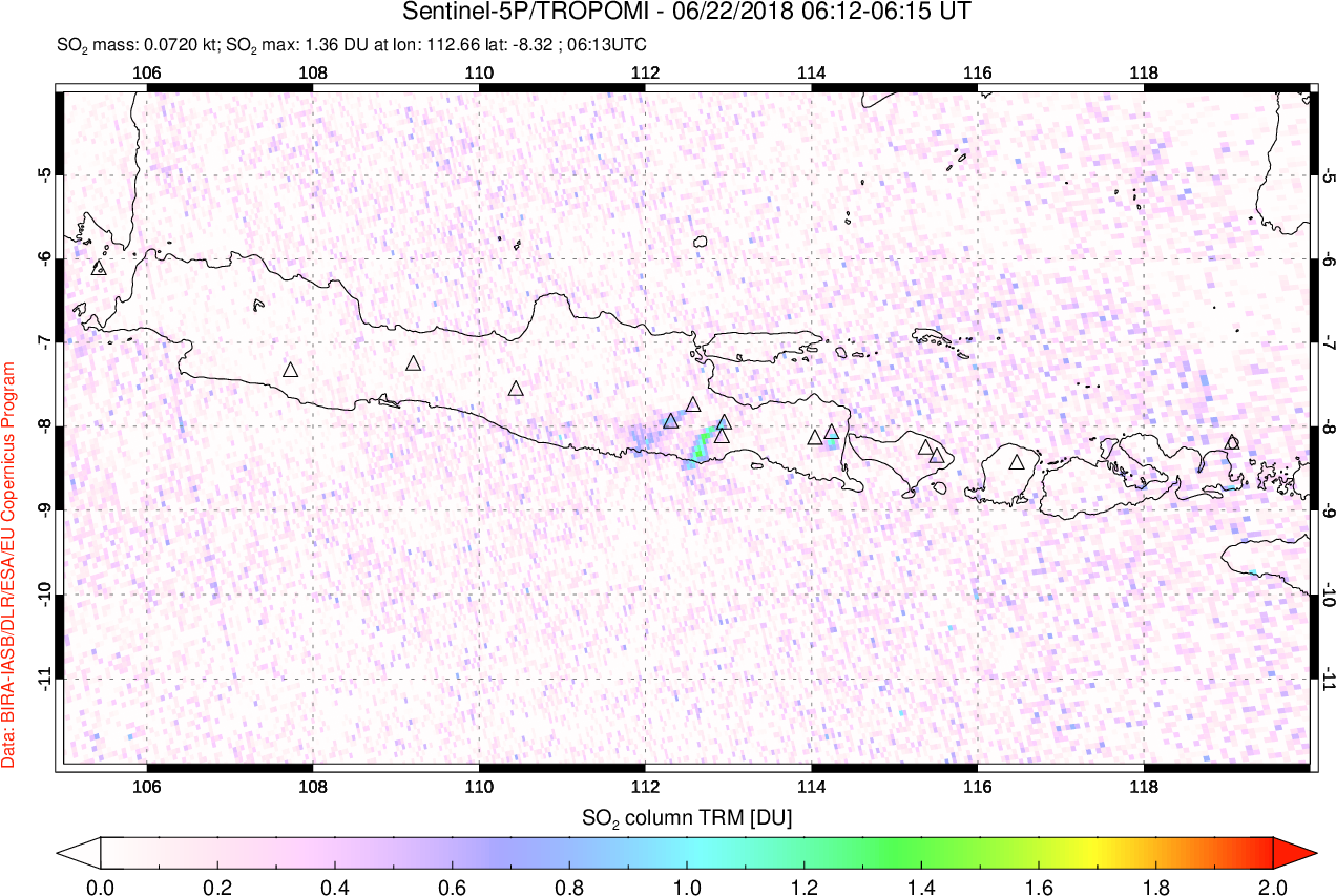 A sulfur dioxide image over Java, Indonesia on Jun 22, 2018.