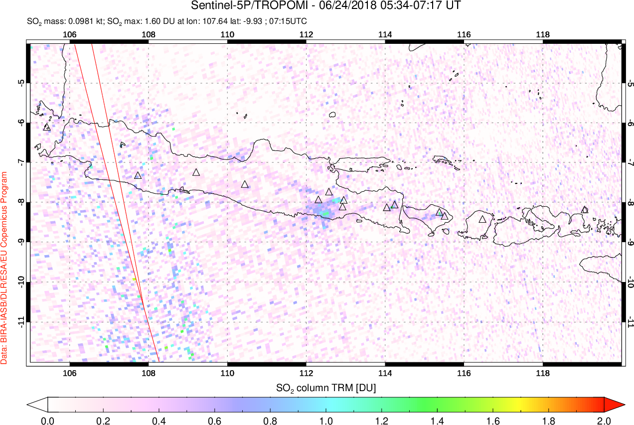 A sulfur dioxide image over Java, Indonesia on Jun 24, 2018.
