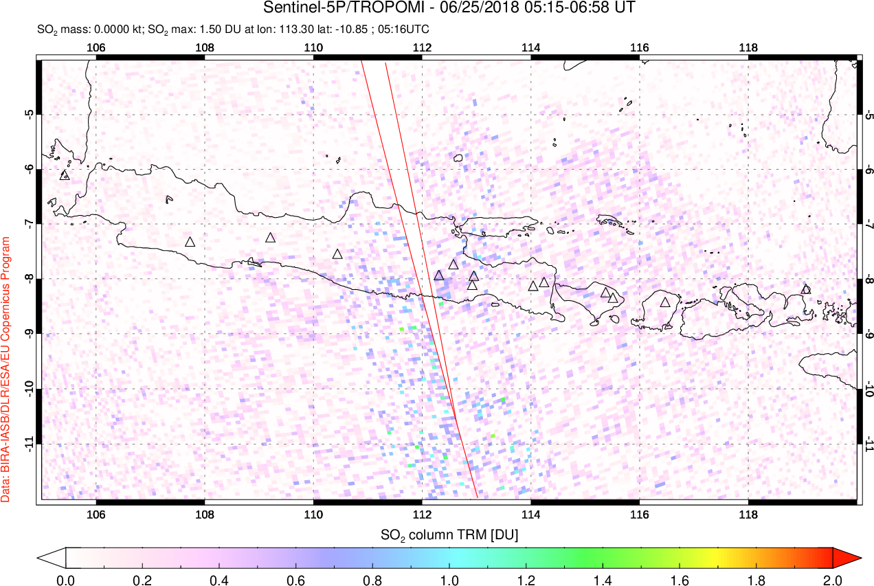 A sulfur dioxide image over Java, Indonesia on Jun 25, 2018.