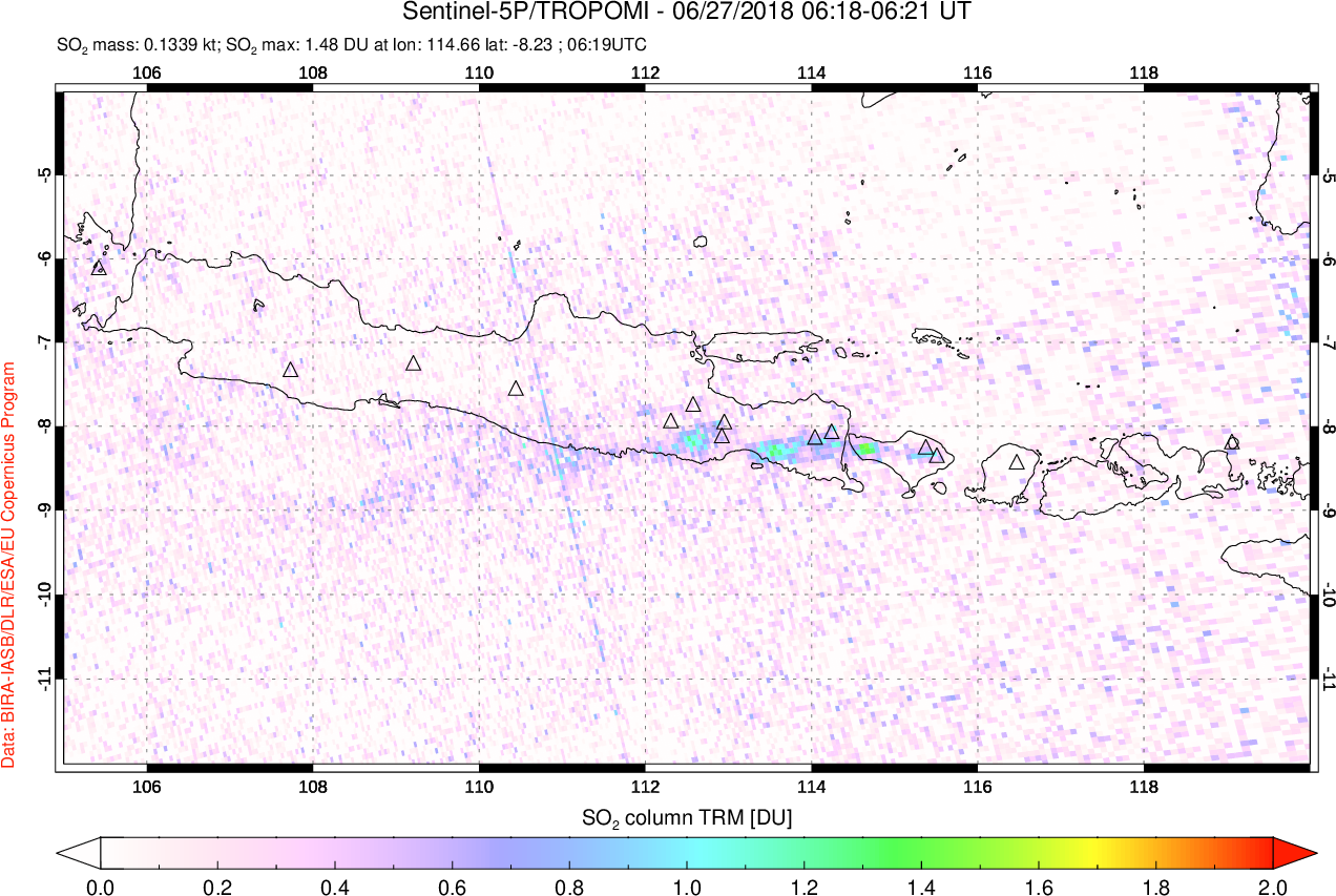 A sulfur dioxide image over Java, Indonesia on Jun 27, 2018.