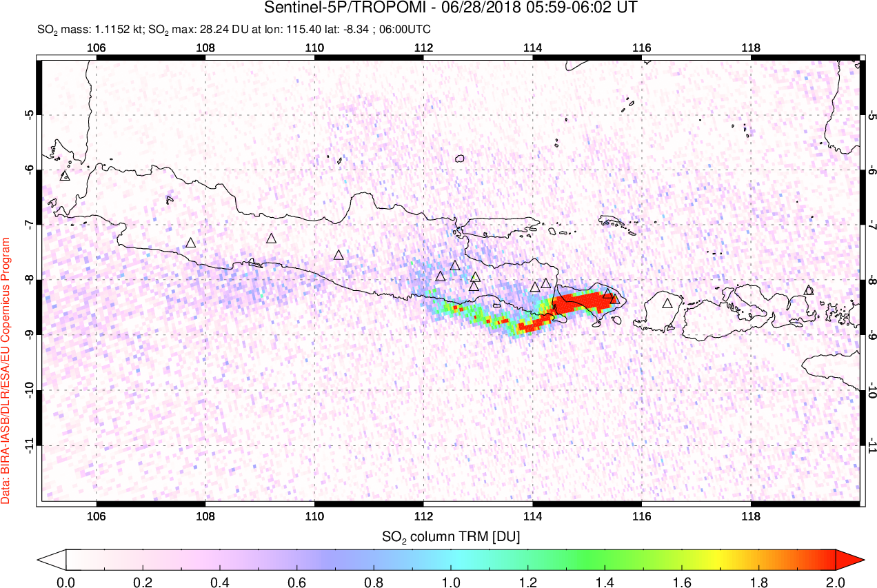 A sulfur dioxide image over Java, Indonesia on Jun 28, 2018.