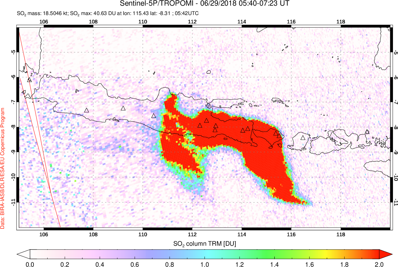 A sulfur dioxide image over Java, Indonesia on Jun 29, 2018.