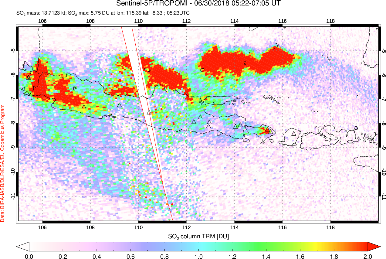 A sulfur dioxide image over Java, Indonesia on Jun 30, 2018.