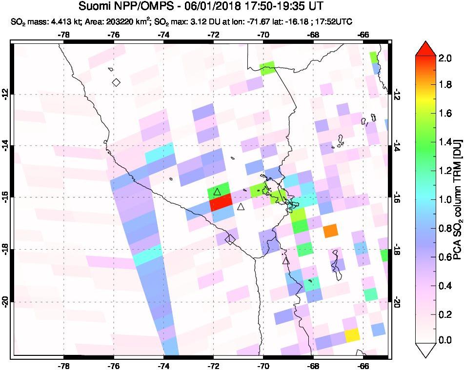 A sulfur dioxide image over Peru on Jun 01, 2018.