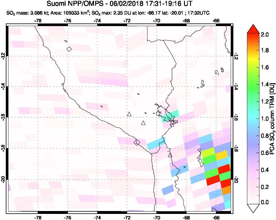 A sulfur dioxide image over Peru on Jun 02, 2018.