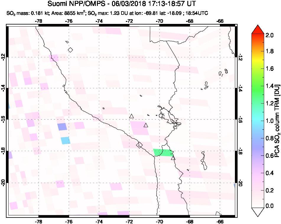 A sulfur dioxide image over Peru on Jun 03, 2018.