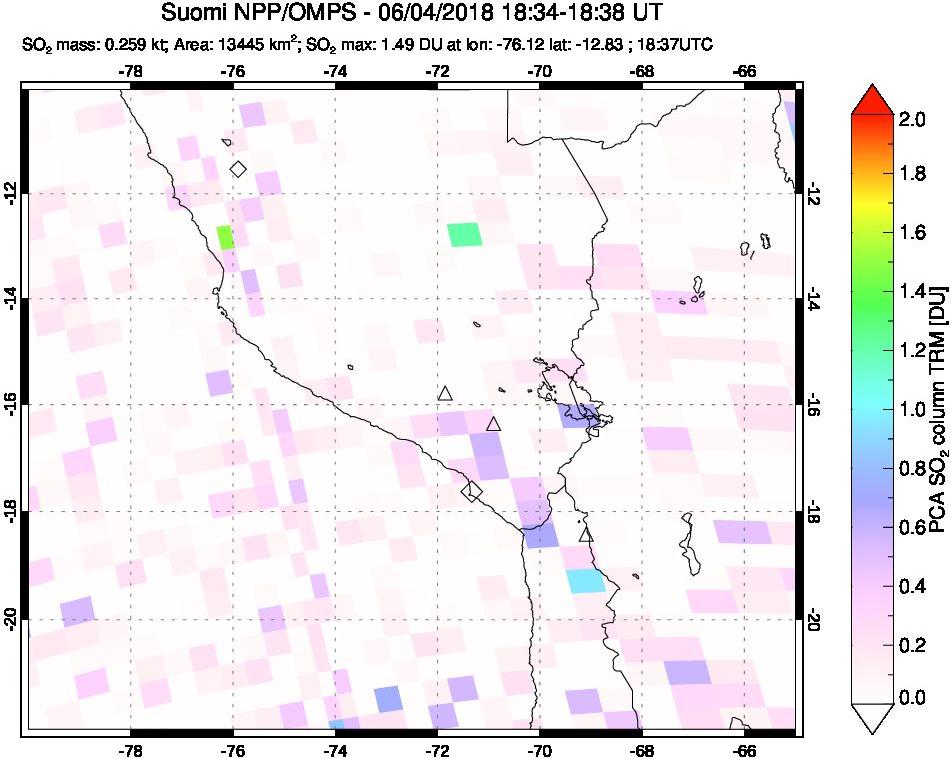 A sulfur dioxide image over Peru on Jun 04, 2018.