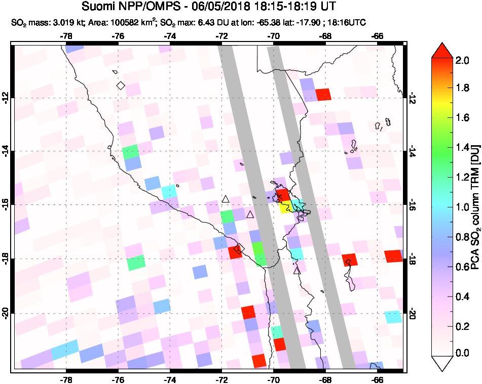 A sulfur dioxide image over Peru on Jun 05, 2018.