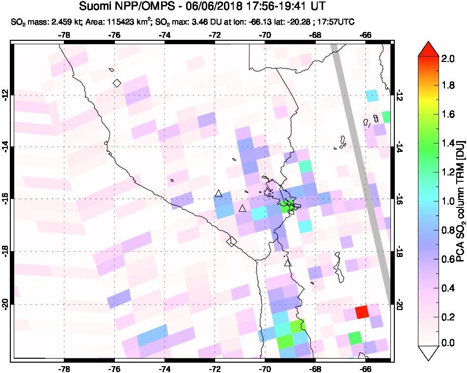 A sulfur dioxide image over Peru on Jun 06, 2018.